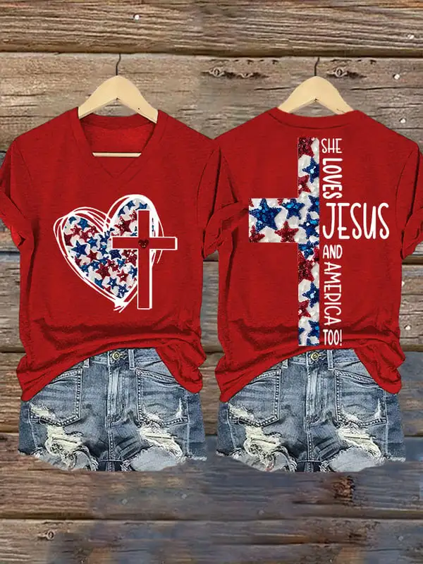 Woman'S She Loves Jesus And America Too! V-Neck Short-Sleeve T-Shirt