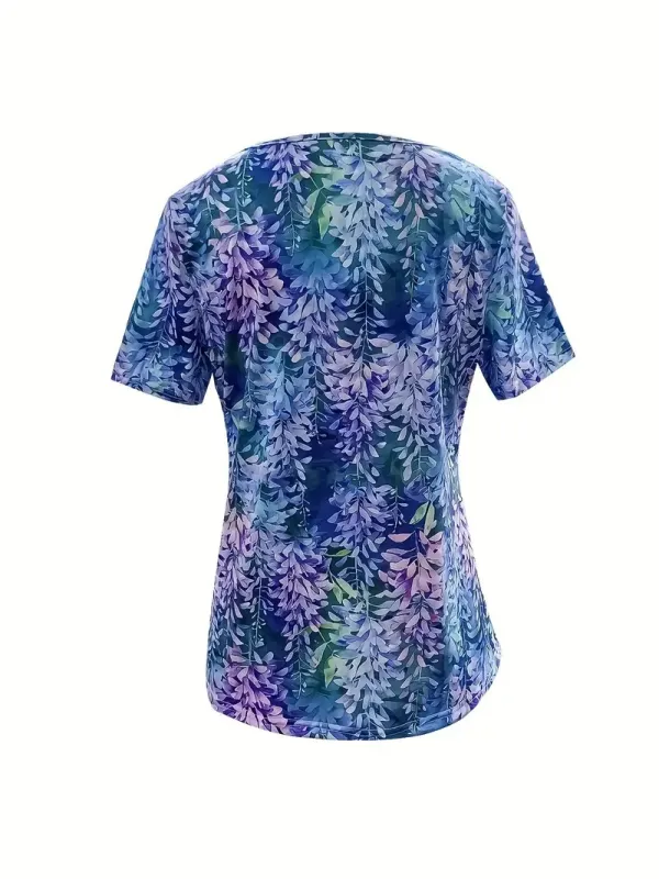 Women's Casual Purple Floral Print V-Neck Short Sleeve T-Shirt