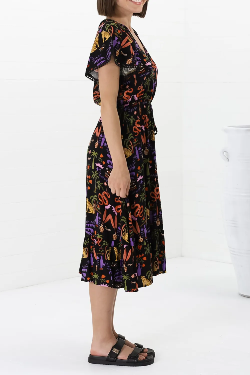 Black Colorful Print Flutter Sleeve Midi Dress