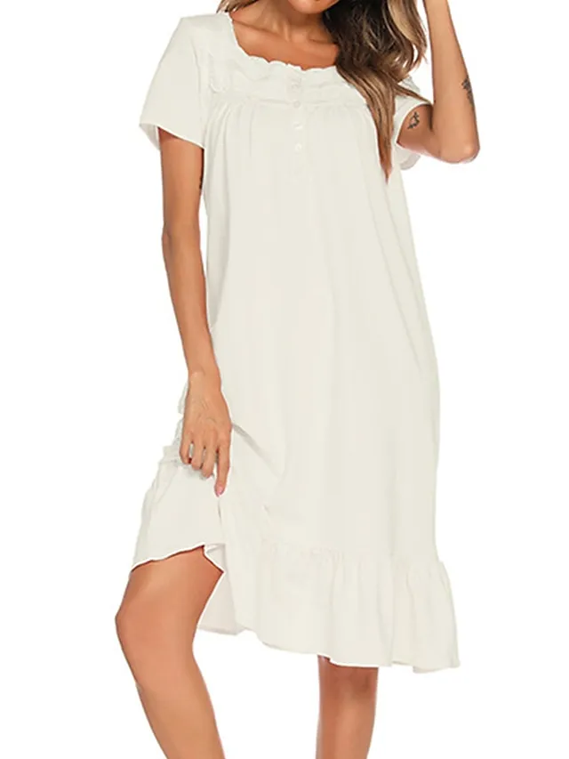 Women's Pajamas Nightgown Dress Pure Color Basic Simple Casual Home Daily Bed Cotton Breathable Square Neck Short Sleeve Dress Button Spring Summer White Pink