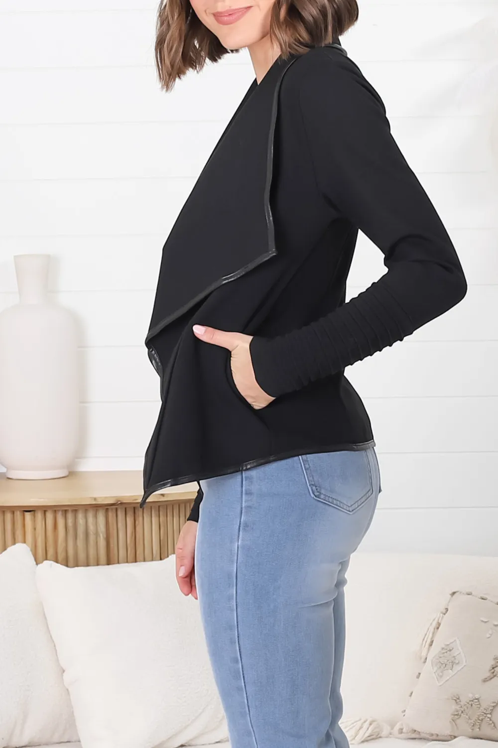 Faux Leather Trim Lapel Collar Jacket