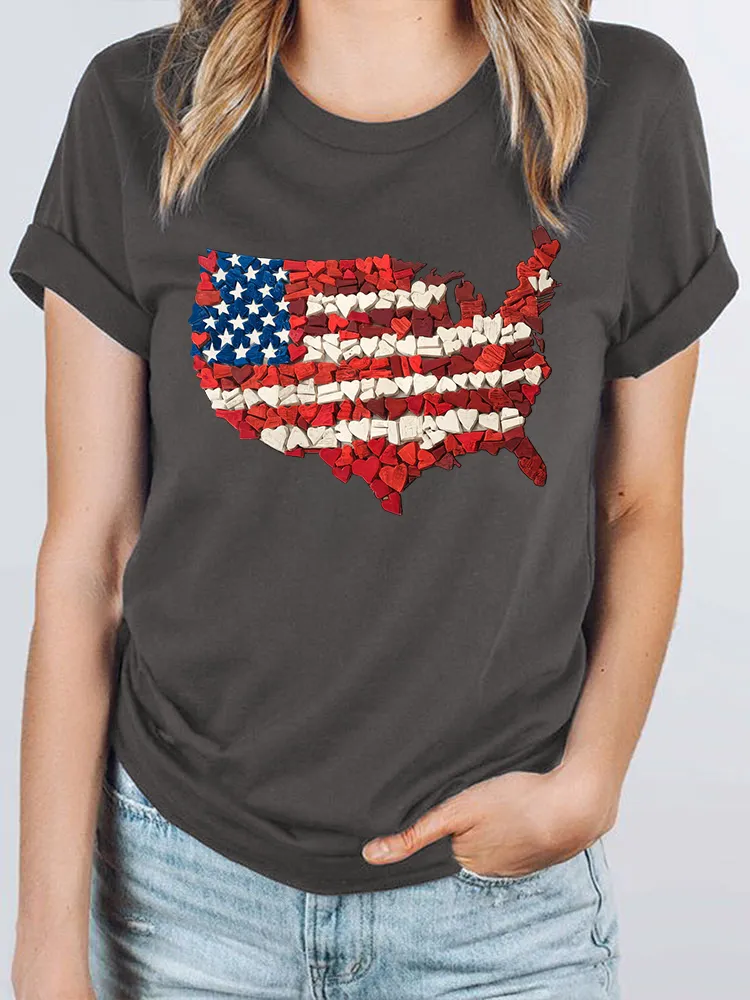 Woman'S Independence Day Love Map Print Short-Sleeved T-Shirt