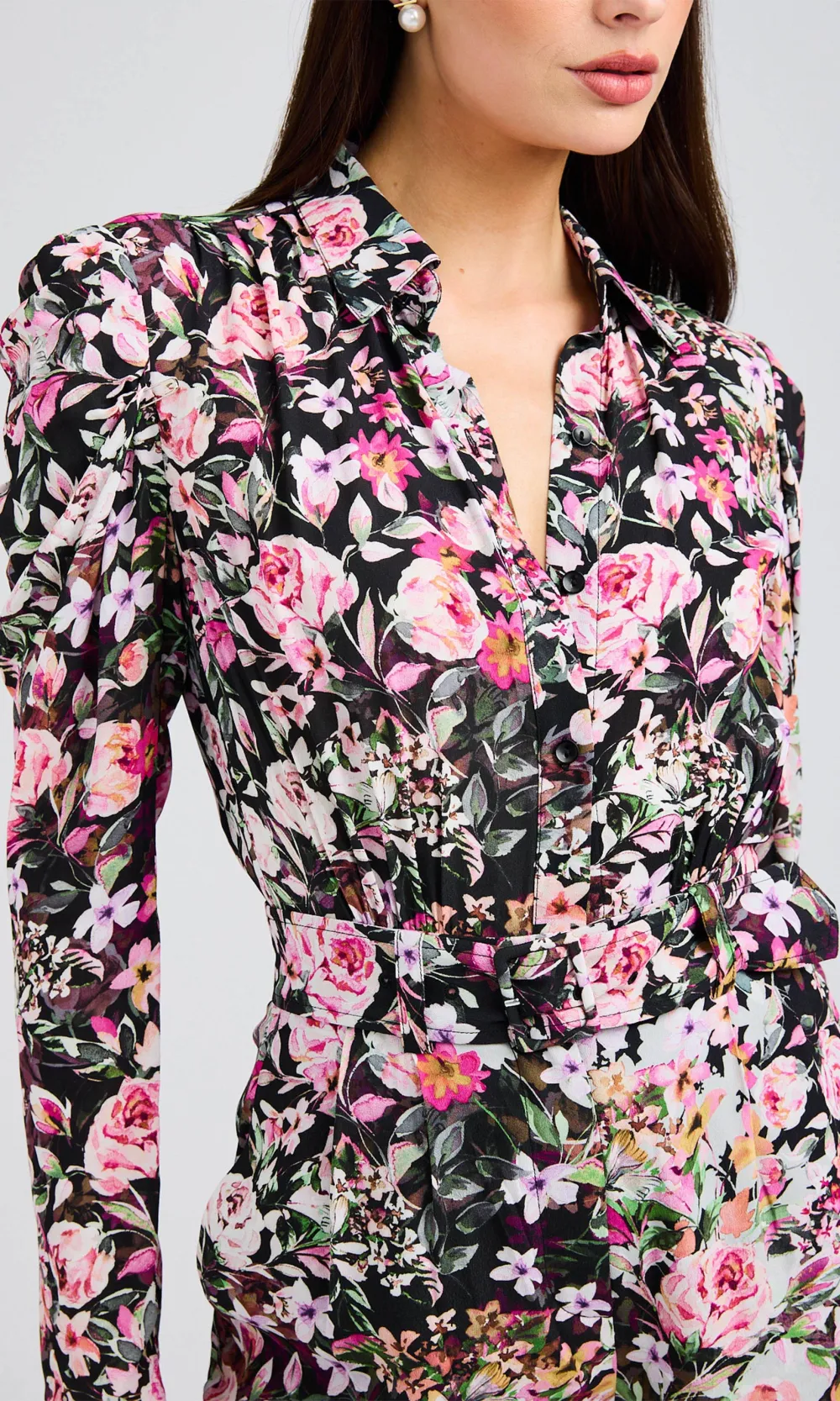 Floral Long Sleeve Lapel Short Dress