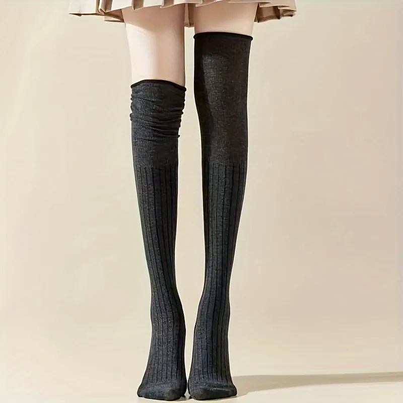 Lady'S Ruffled Striped Knitted Knee-Length Stockings