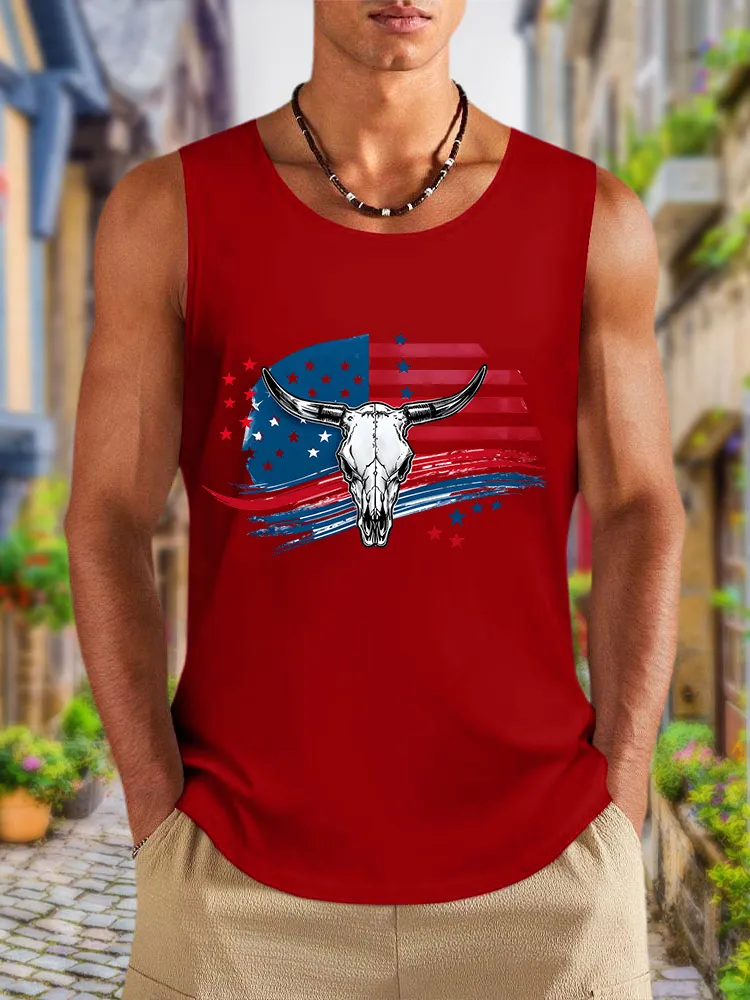 Men'S National Flag And Bull Head Print Round-Necked Sleeveless Vest