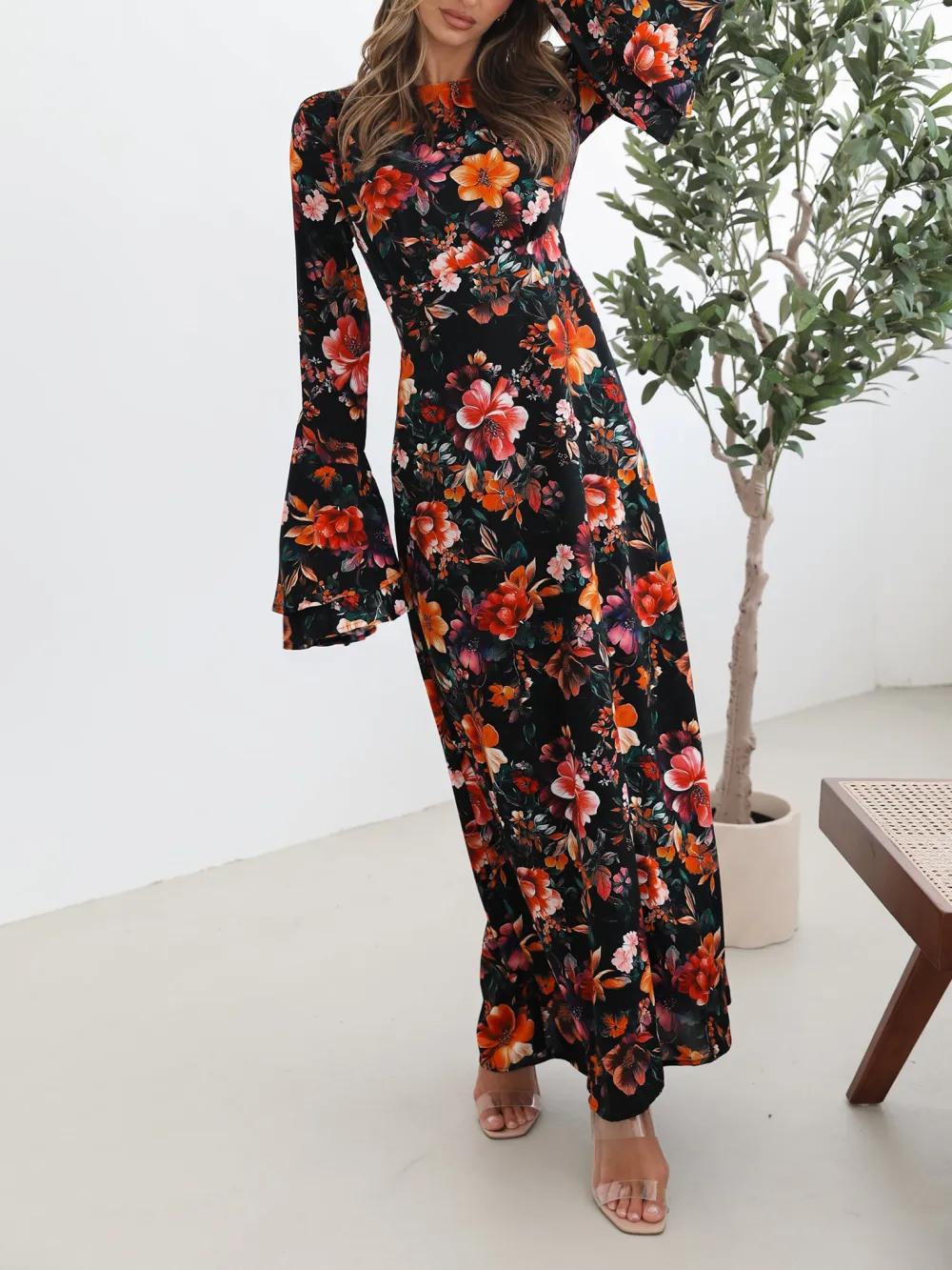 Black Straight Neckline Floral Dress