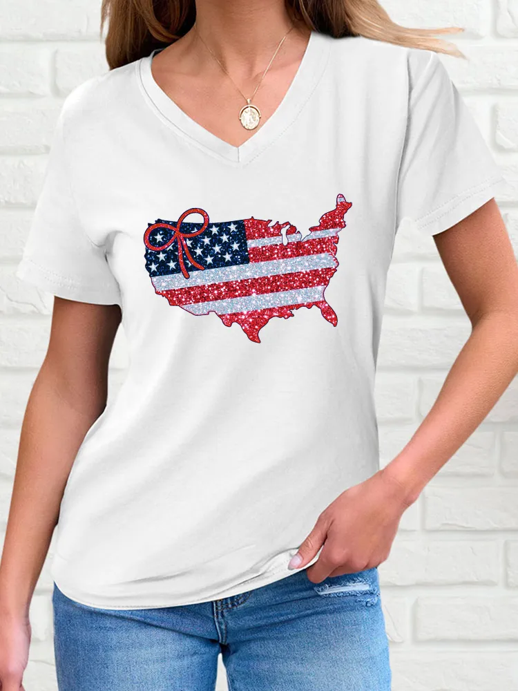 Woman'S Damaged Stars And Stripes Bow Print V-Neck And Short Sleeves T-Shirt