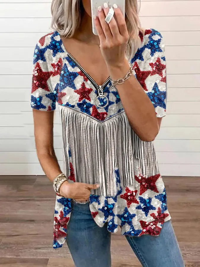 Woman'S Sequin Stars And Tassel Prints Short-Sleeve V-Neck T-Shirt