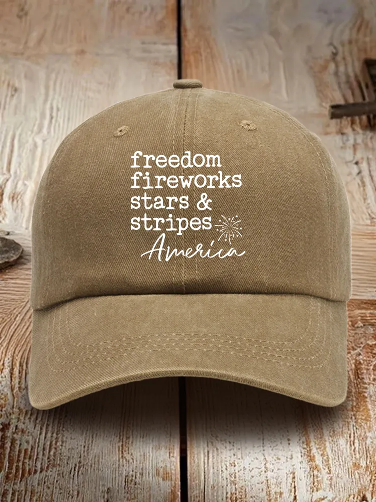 Freedom Fireworks Stars And Stripoes America Print Washed Baseball Cap