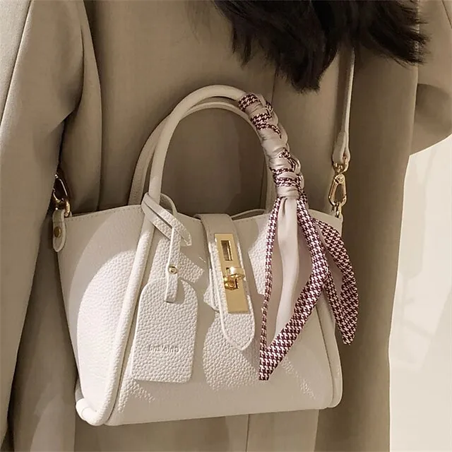 Women's Handbag PU Leather Party Daily Zipper Large Capacity Waterproof Breathable Solid Color Cream white Beige + silk scarf