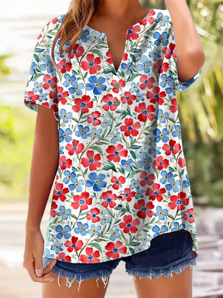 Women'S Red And Blue Floral Printed V-Neck Short-Sleeved Shirt