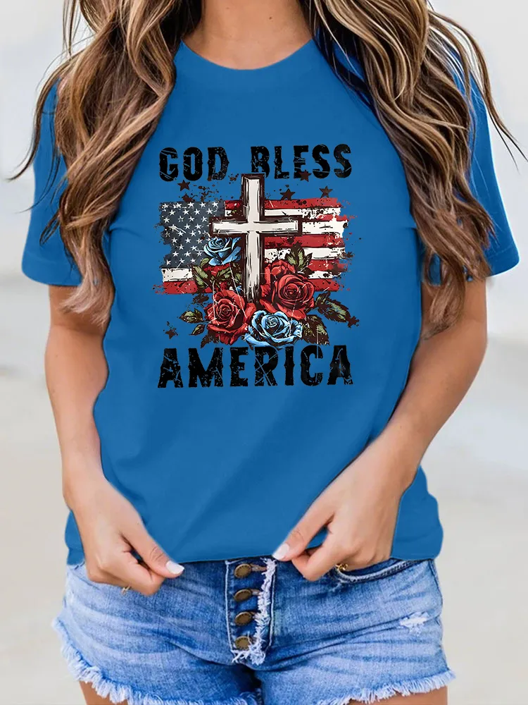 Woman'S God Bless America Round-Neck Short-Sleeved T-Shirt
