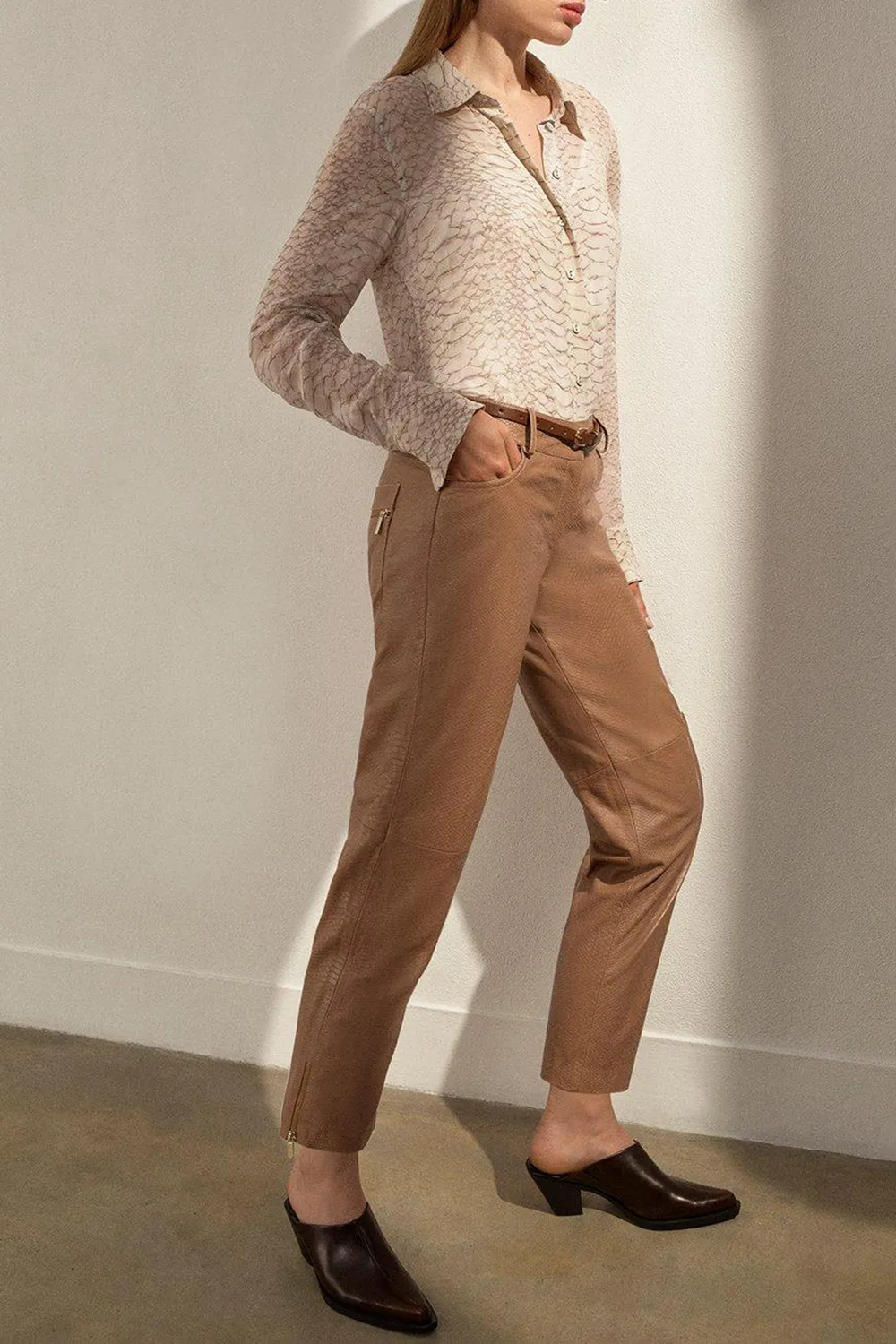 Snake Print Leather Slim Leg Low Rise Trousers