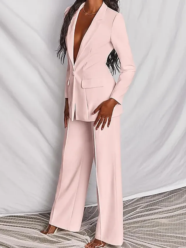 Women's Blazer Suits 2 Pcs Single Breasted Lapel Blazer & Pants Fall Fashion Party Outfit Business Formal Jacket Set Black Blue Pink