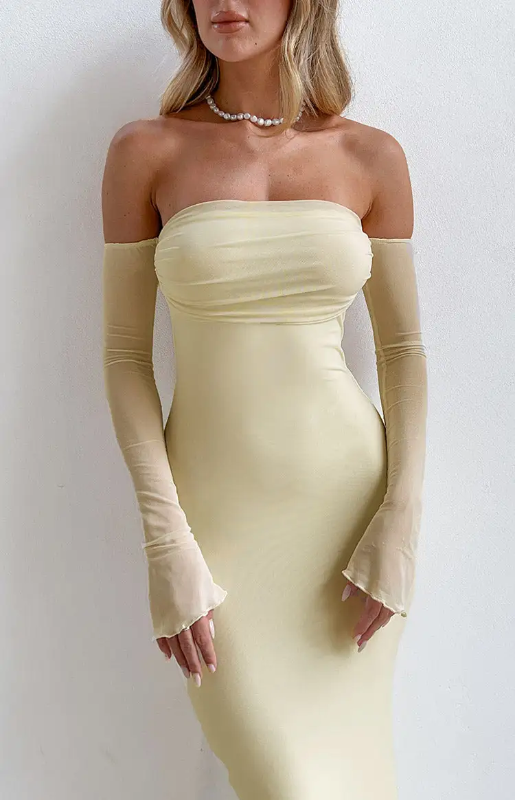 Off Shoulder Cream Long Sleeve Maxi Dress
