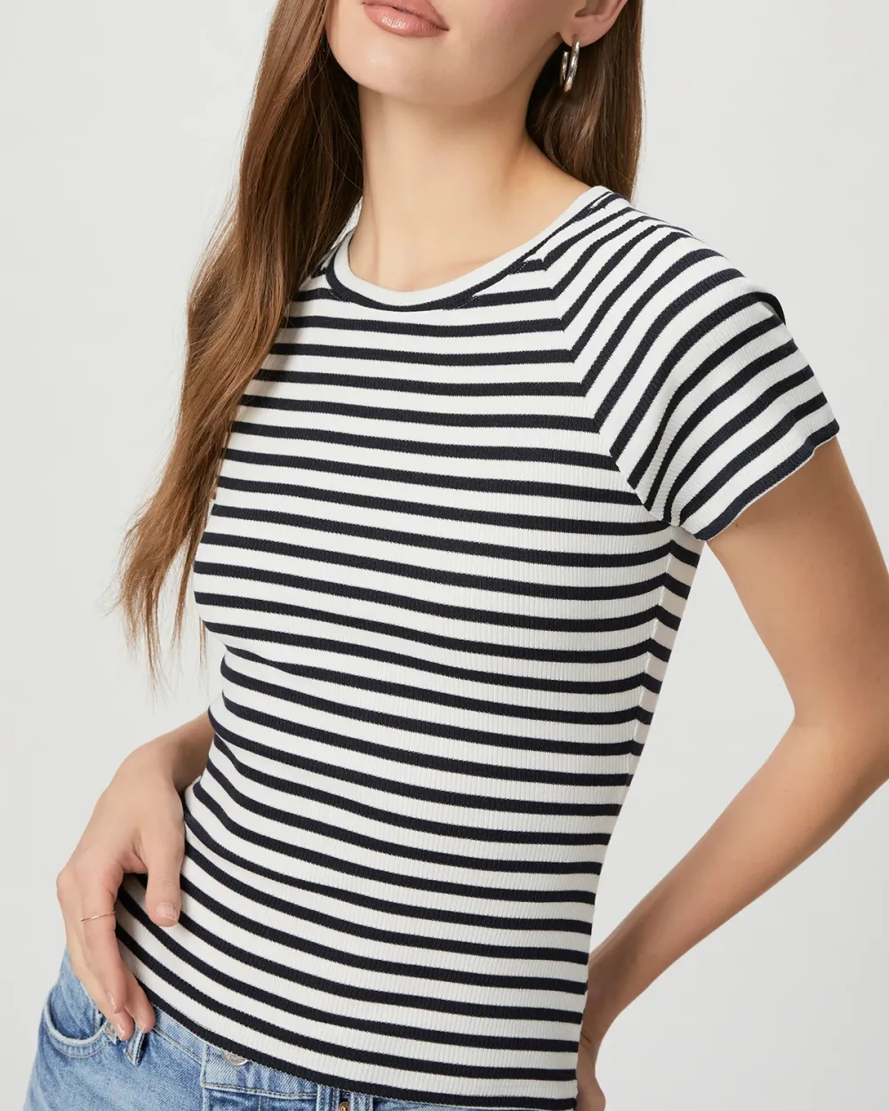 Black And White Striped Crew Neck Tee