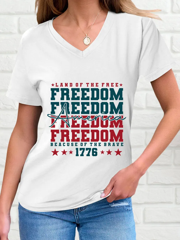 Woman'S America Freedom V-Neck And Short Sleeves T-Shirt