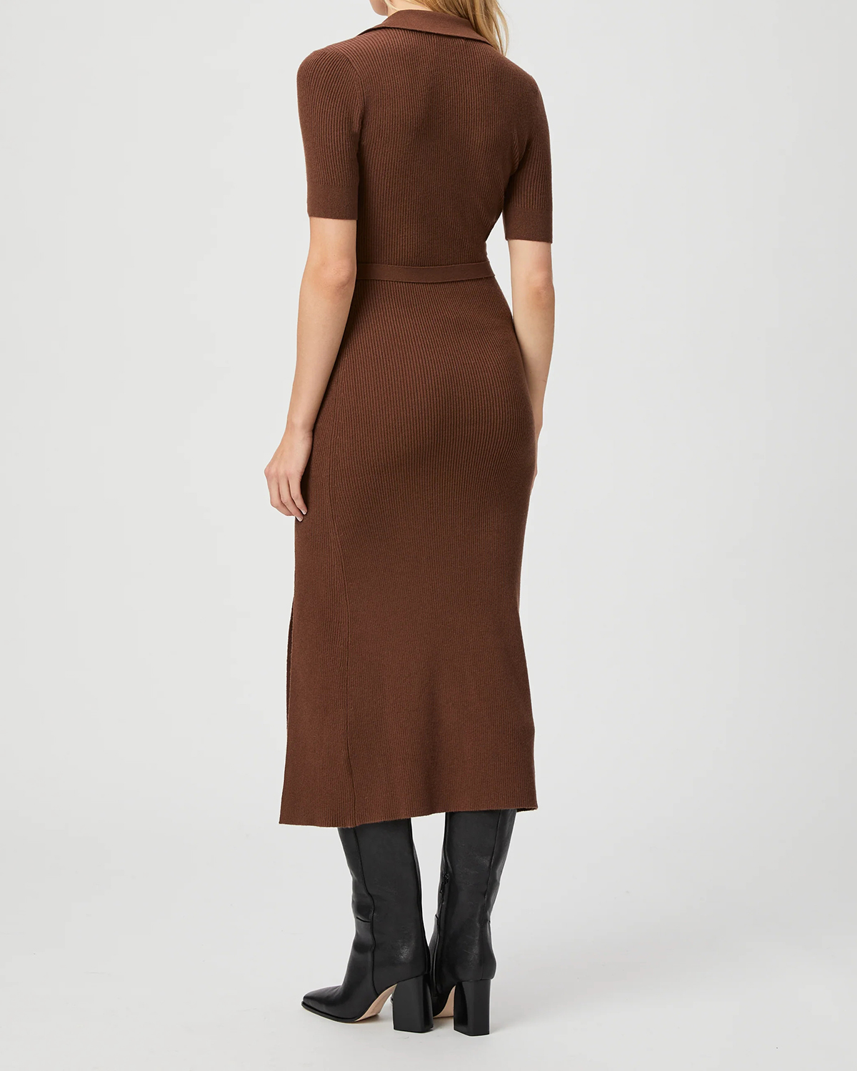 Brown Ribbed V Neck Belted Midi Dress