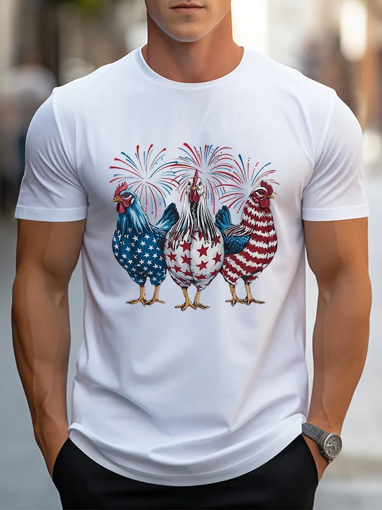 Man'S Independence Day Fireworks Rooster T-Shirt With Round-Neck And Short Sleeves