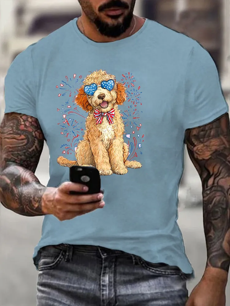 Men'S Independence Day Puppy Fireworks Round-Neck Short-Sleeved T-Shirt