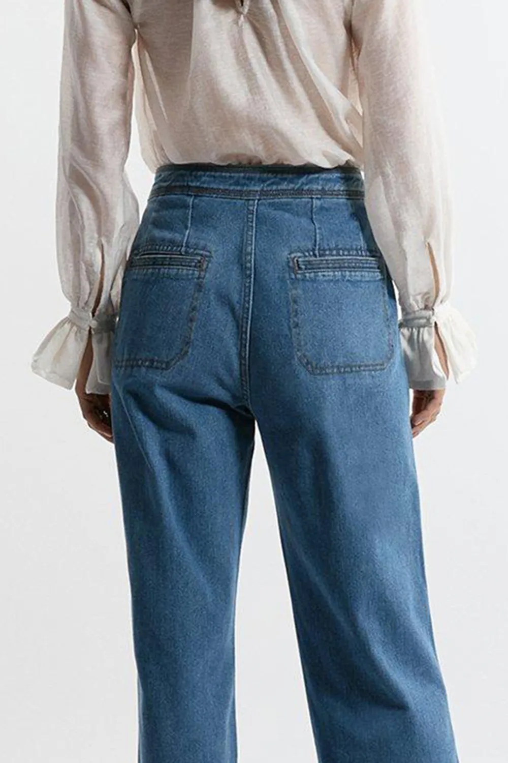 Denim Tailored Button Front Wide Leg Jeans