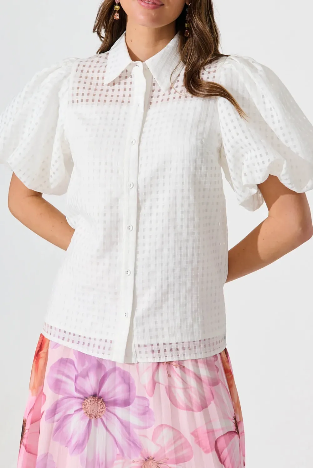 White Eyelet Puff Sleeve Button Up Shirt