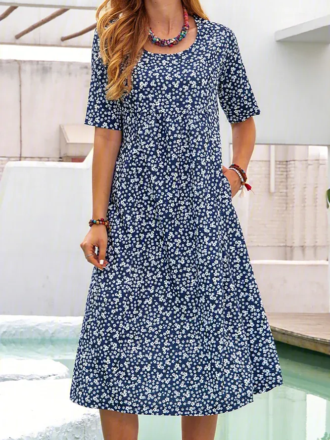 Floral Printed Crew Neck Pockets Short Sleeve Casual Midi Shirt Dress