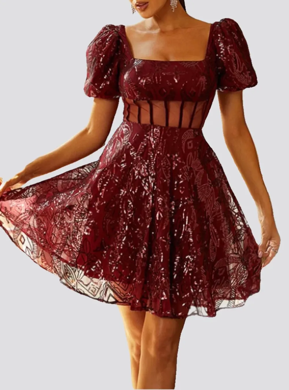 Square Neck Short Sleeve Sequin Red Mini Dress