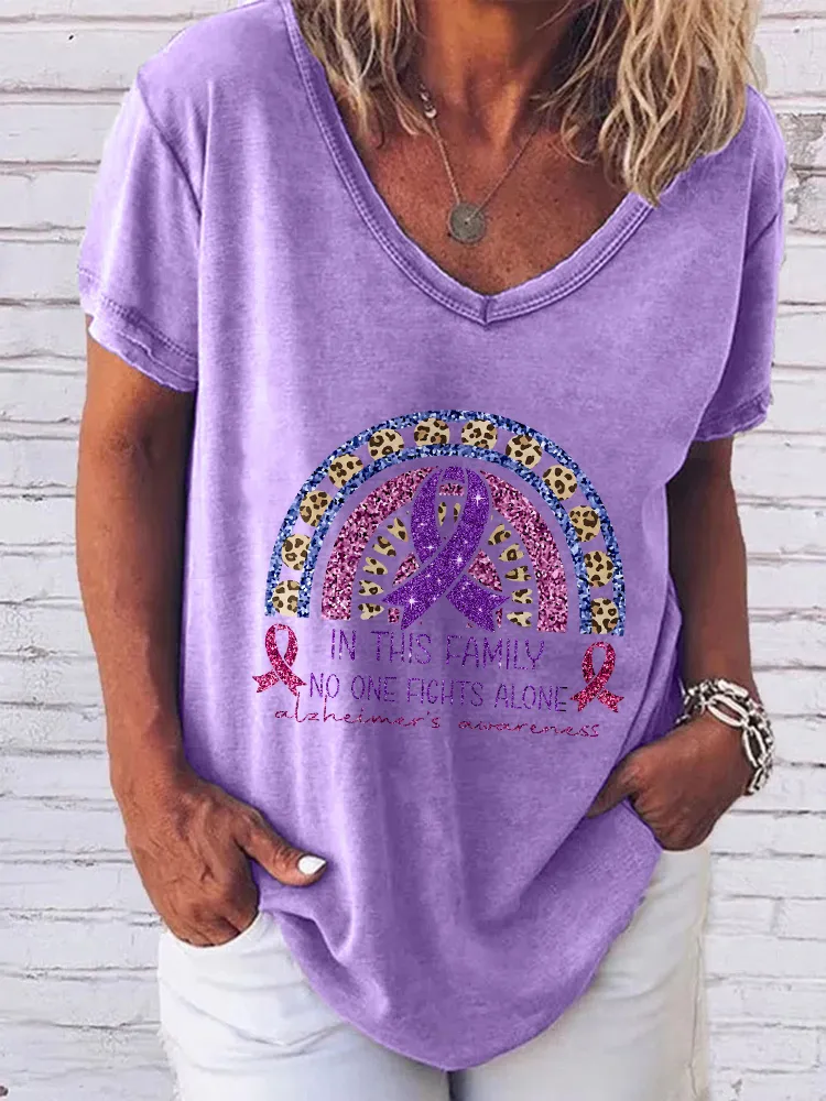 Women'S V-Neck Short-Sleeved T-Shirt In This Family No One Fights Alone Alzheimer'S Awareness Prints