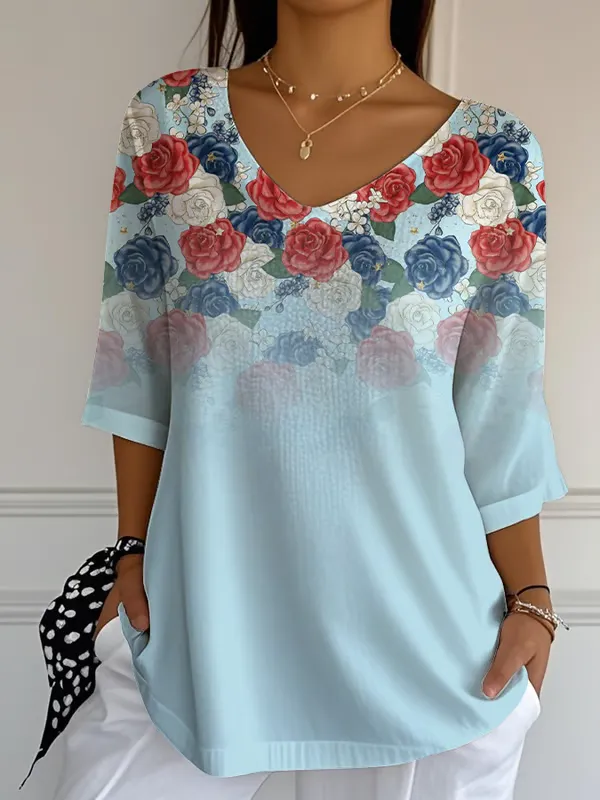 Women'S Flower Print Long-Sleeved V-Neck Shirt