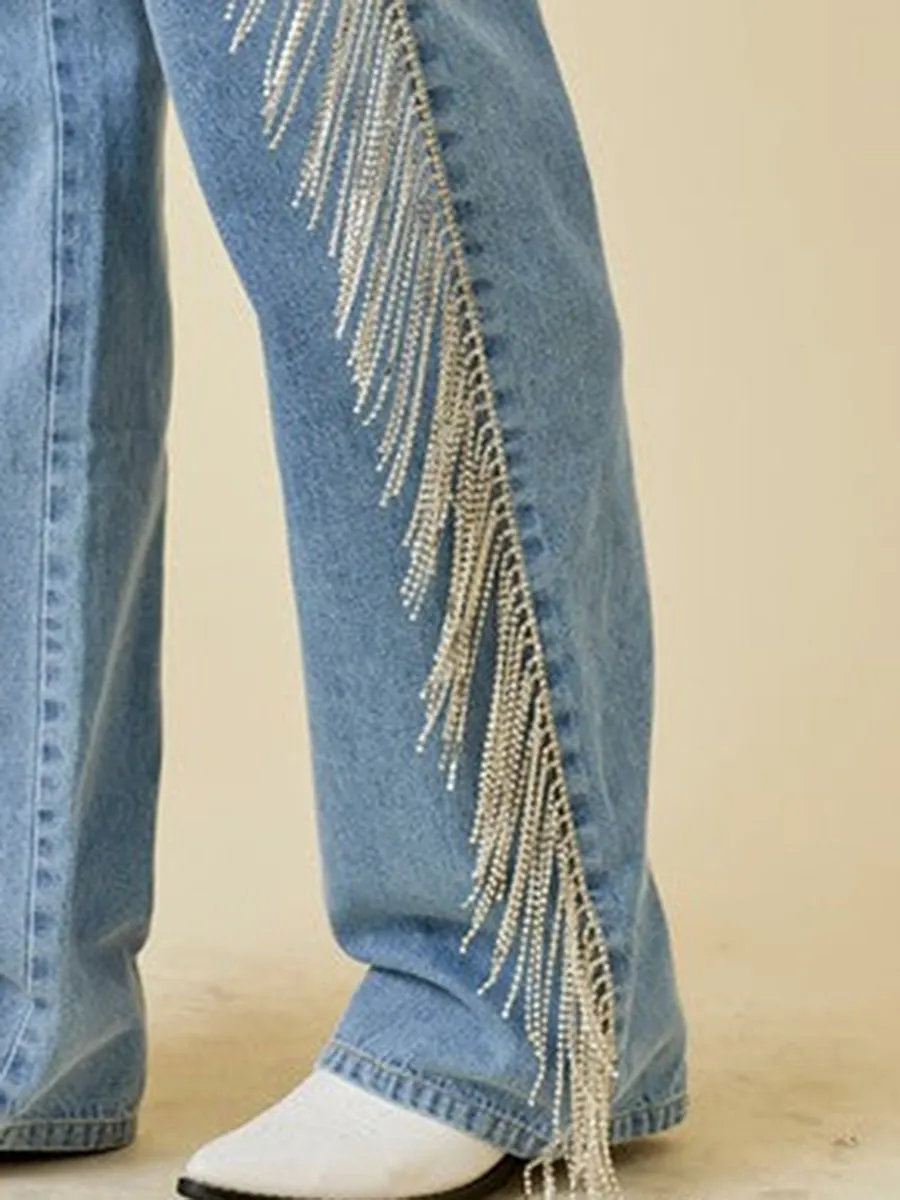 Side Sequin Fringe Jeans