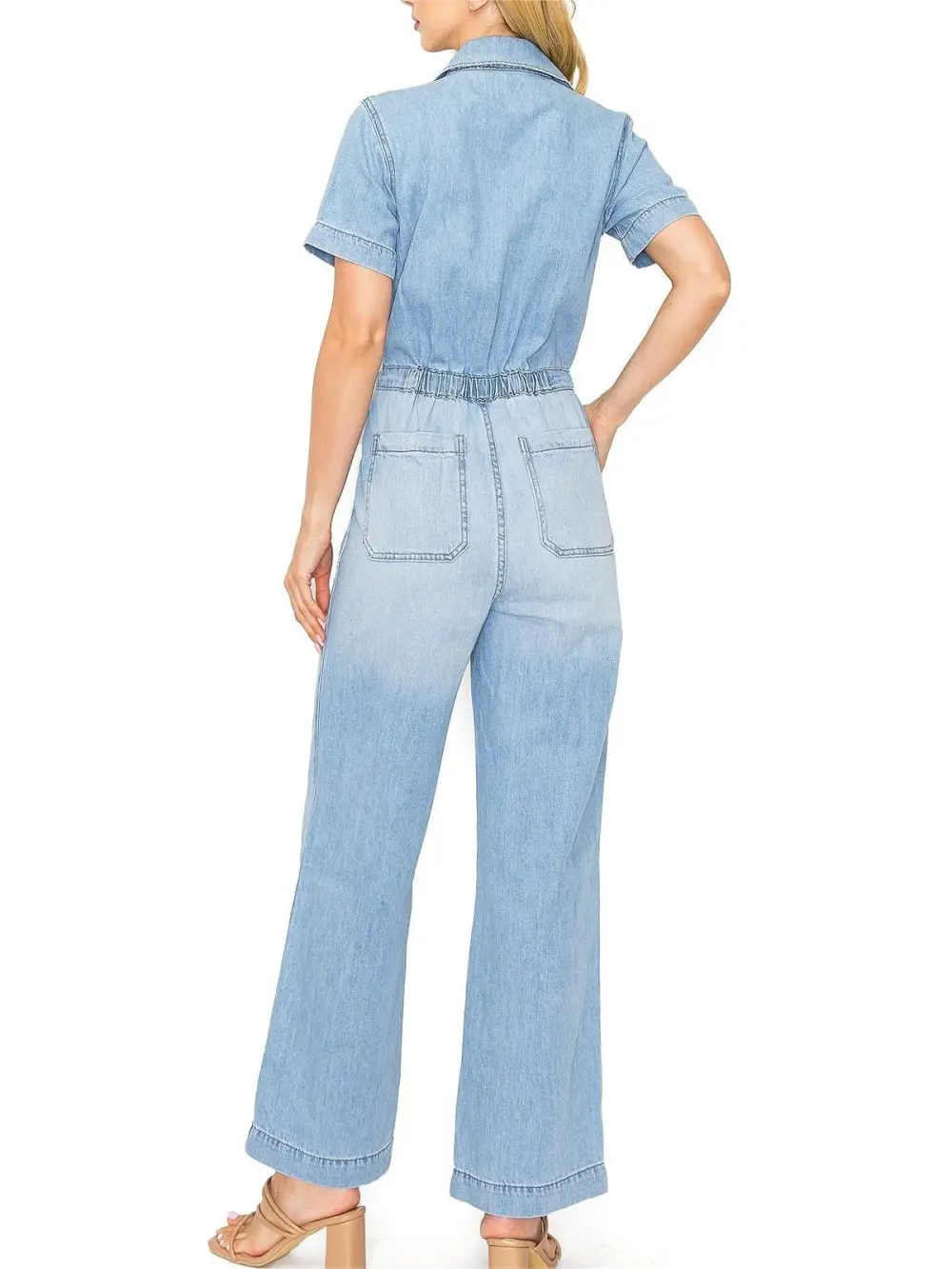 Light Wash Denim Short - Sleeve Jumpsuit