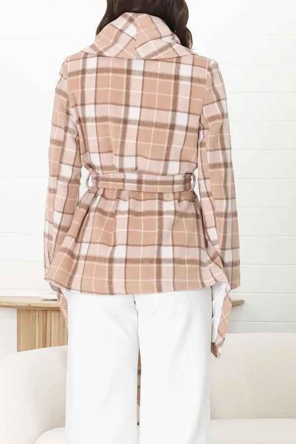 Beige Plaid Belted Wrap Jacket