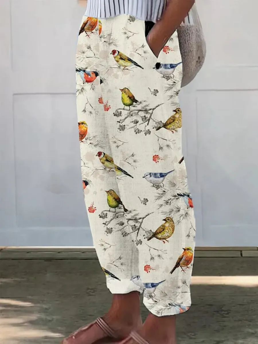 Women's Retro Casual Forest Bird Cotton and Linen Pants(With Pockets