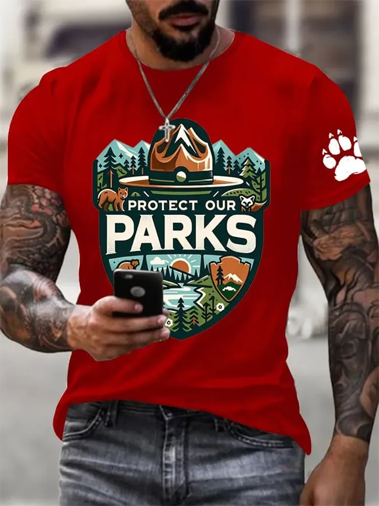 Men'S Protect Our National Parks Printed Round Neck T-Shirt