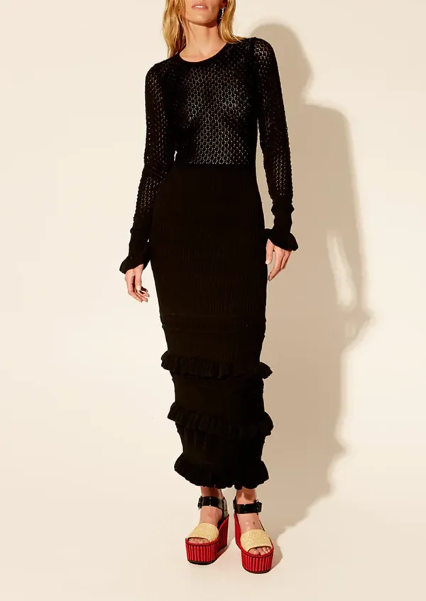 Long Sleeved Knit Ruffled Midi Dress