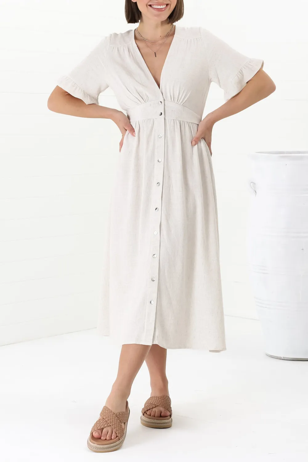 White Button Front Short Sleeve Midi Dress