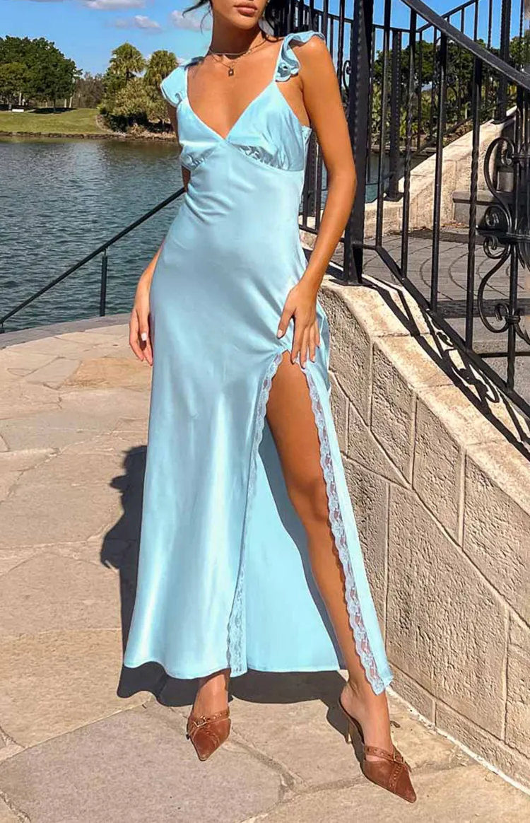 One Shoulder Light Blue Satin Slit Maxi Dress