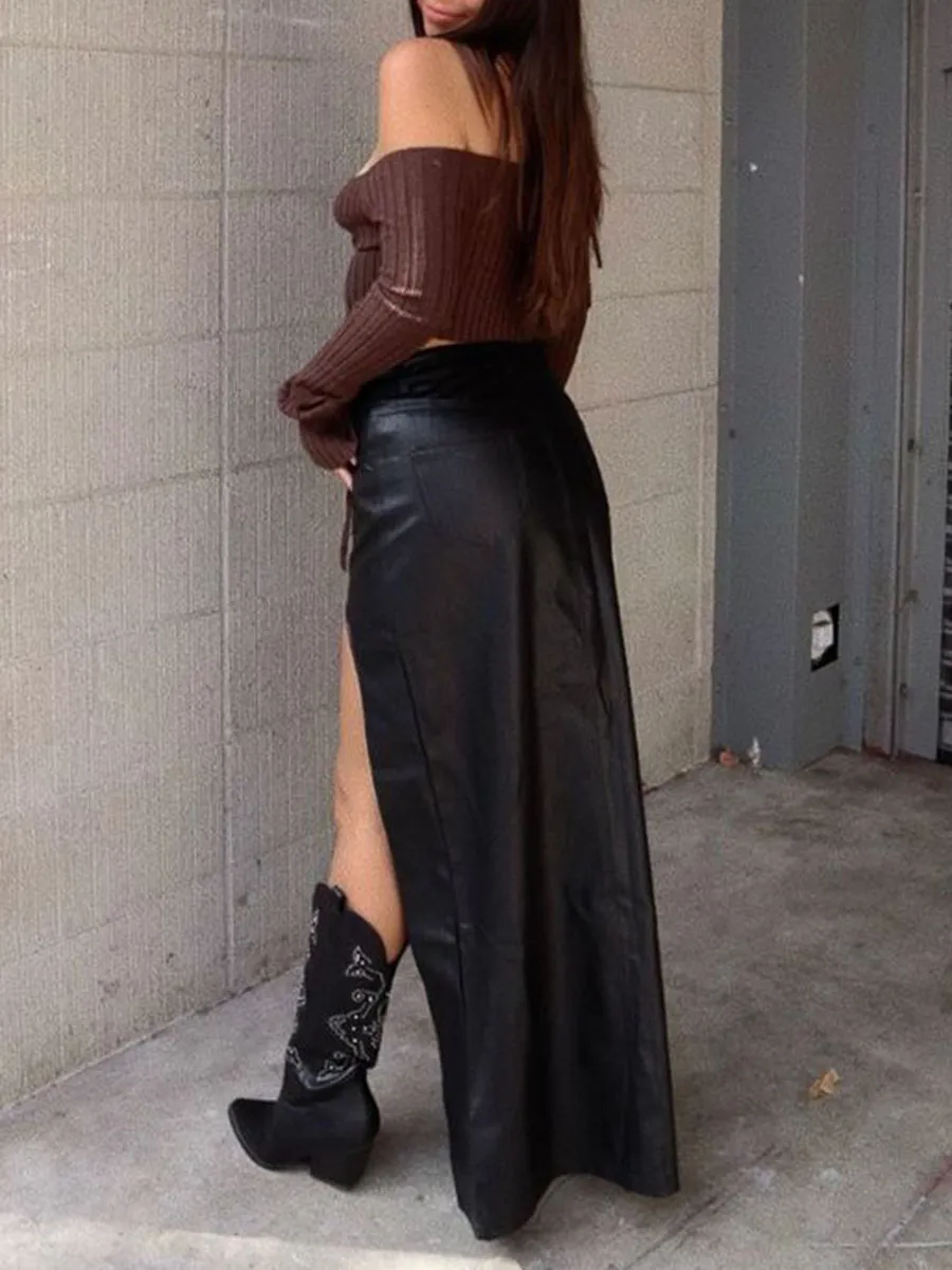 Faux Leather High Slit Midi Skirt