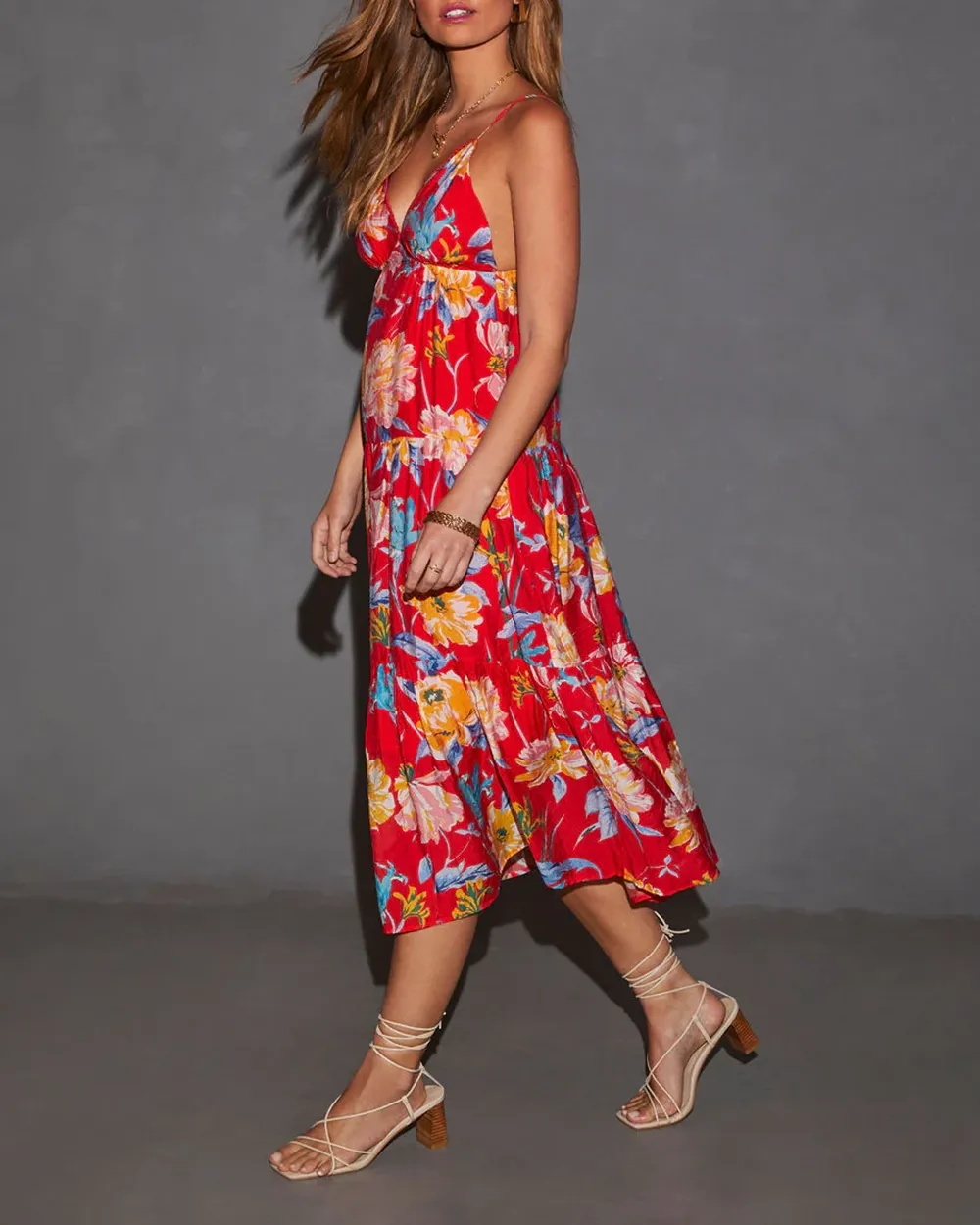 Floral V-Neck Tiered Midi Dress