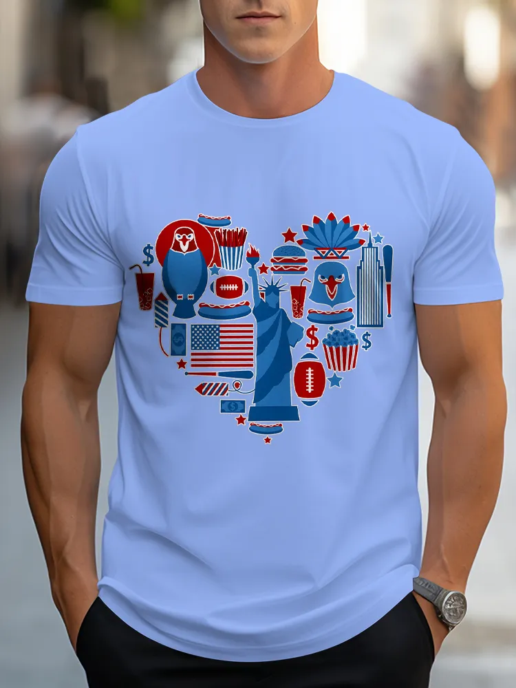 Man'S Heart-Shaped Print Round-Neck Short-Sleeved T-Shirt