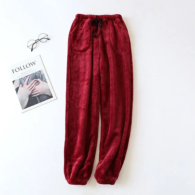 Women's Fleece Fluffy Fuzzy Warm Pajamas Pants Pjs Pure Color Simple Comfort Plush Home Daily Bed Gift Long Pant Elastic Waist Winter Fall Black Blue