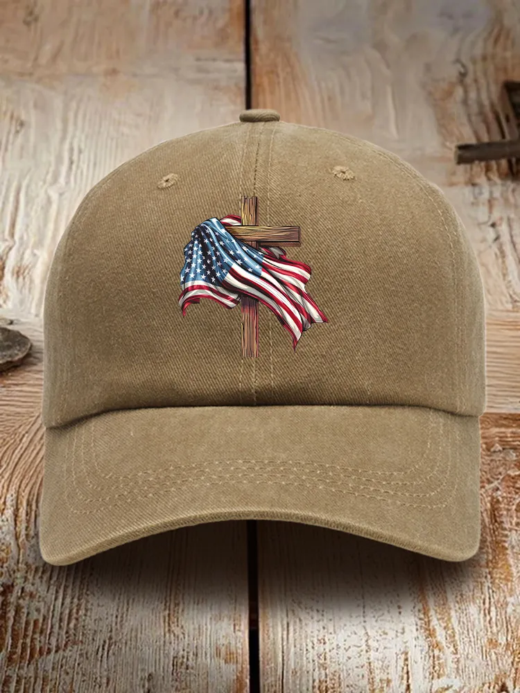 The Stars And Stripes And The Cross Print Washed Baseball Cap