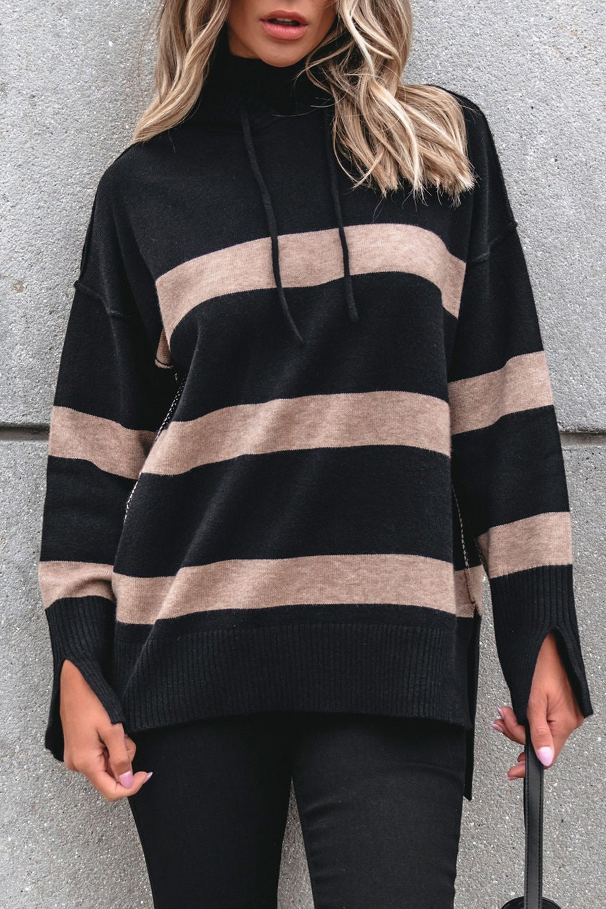 Black and Taupe Striped Hooded Sweater