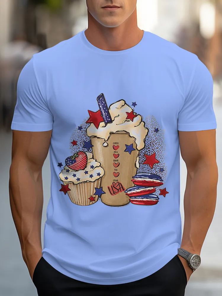 Man'S Dessert Print Round-Neck Short-Sleeved T-Shirt