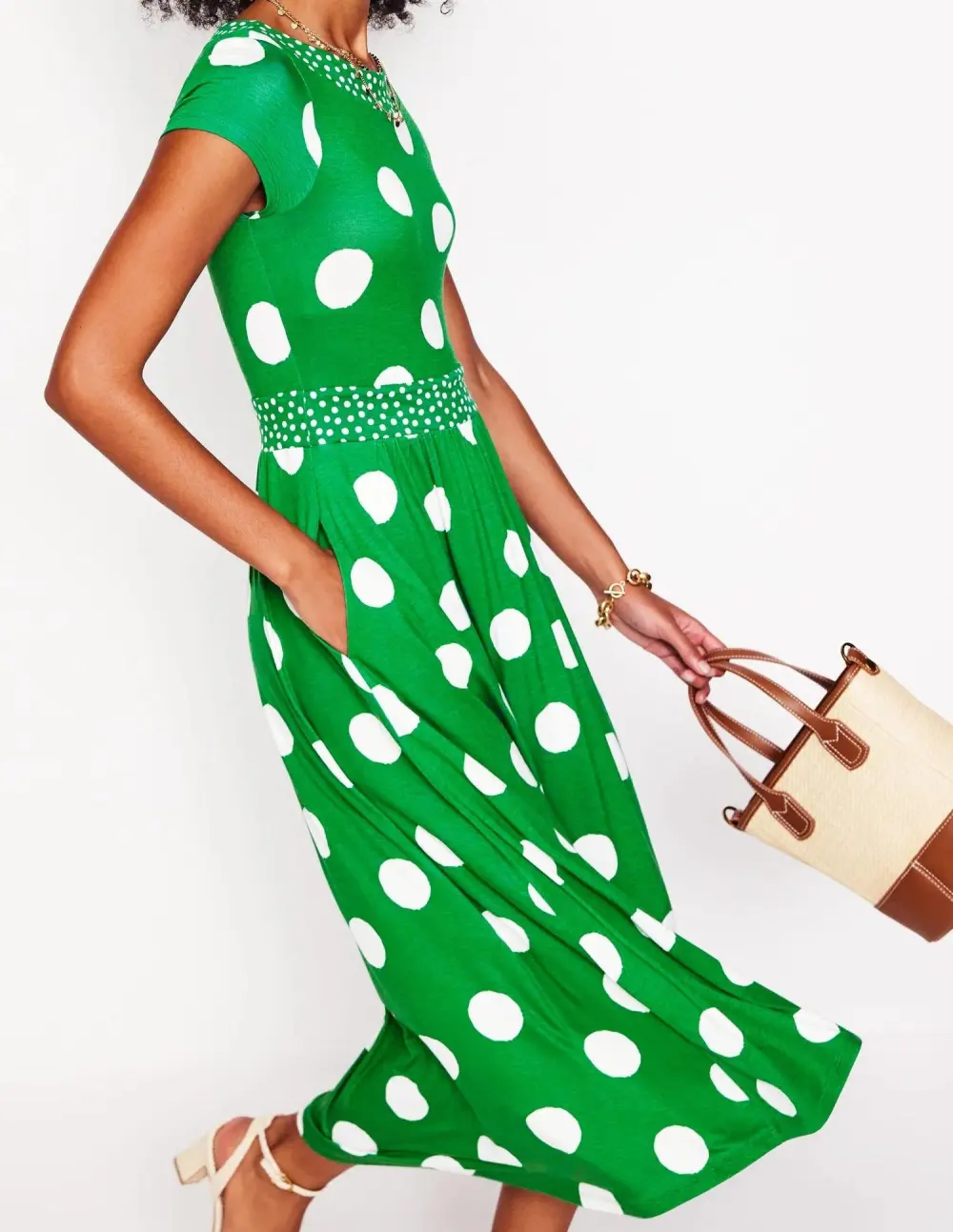 Green Polka - Dot Short - Sleeve Midi Dress