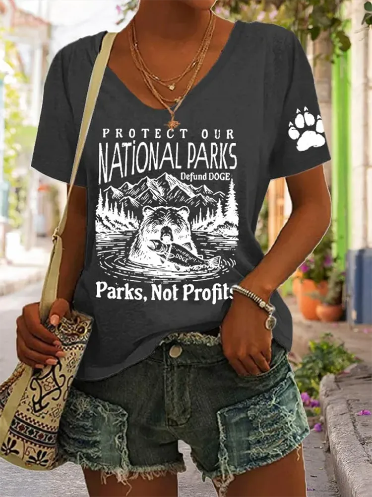 Woman'S Protect Our National Parks Defund Doge Parks, Not Profits V-Neck Short-Sleeve T-Shirt