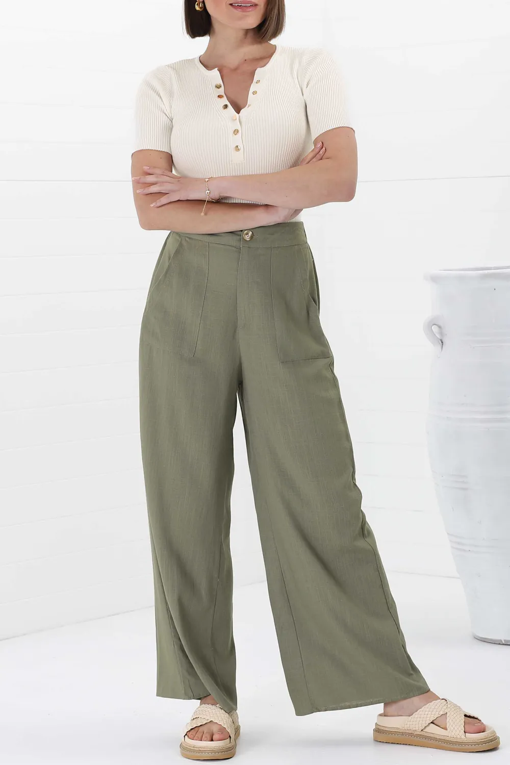 Olive Green High Waist Wide Leg Trousers