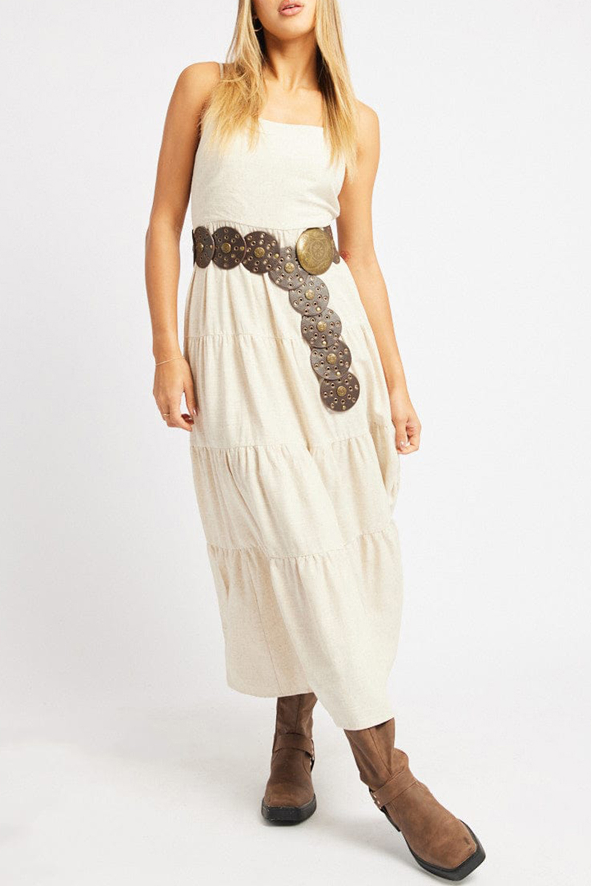 Beige Midi Dress Tiered Strappy