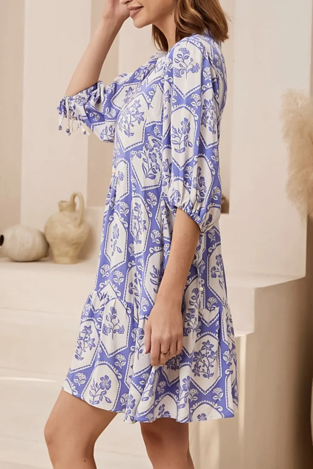 Purple Patterned V Neck Swing Dress